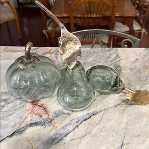 Glass & Metal Fruit (pumpkin, pear & lemon) Centerpiece with Metallic Acccent
